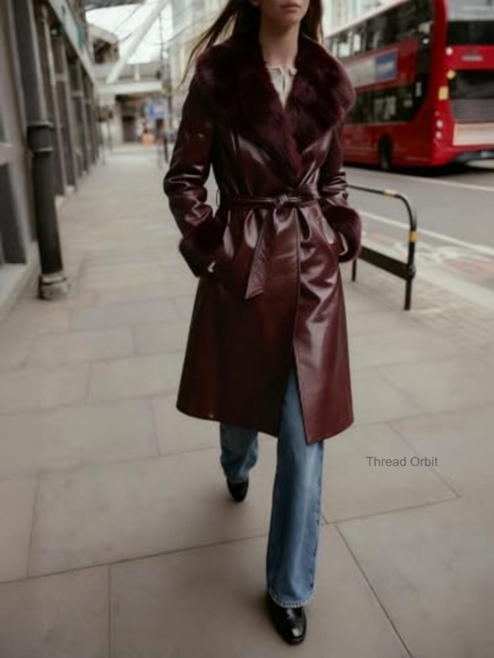 Faux Leather Coat with Faux Fur Collar, Long Sleeve Winter Coat with Belt - Picture 6 of 7